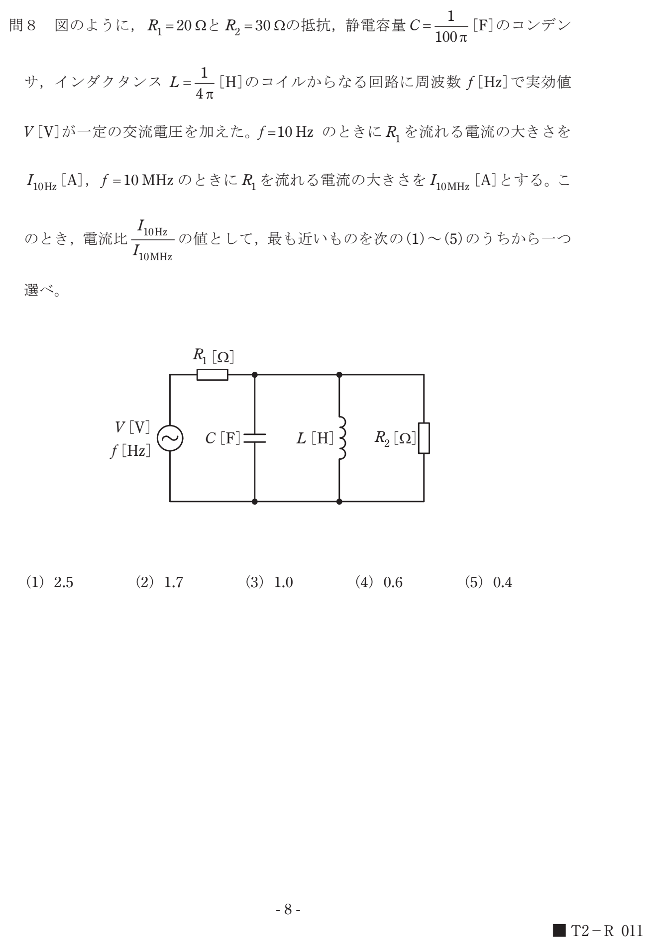 R1=20Ω・R2=30Ω・C=1/(100π)F・L=1/(4π)H からなる回路で、f=10 Hz と f=10 MHz のときに R1 を流れる電流の比 I10Hz/I10MHz を求める問題(図)。